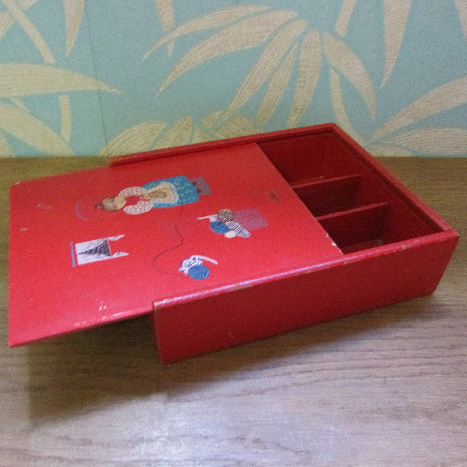 1970s whatnot/sewing slide lid red box with granny knitting transfers