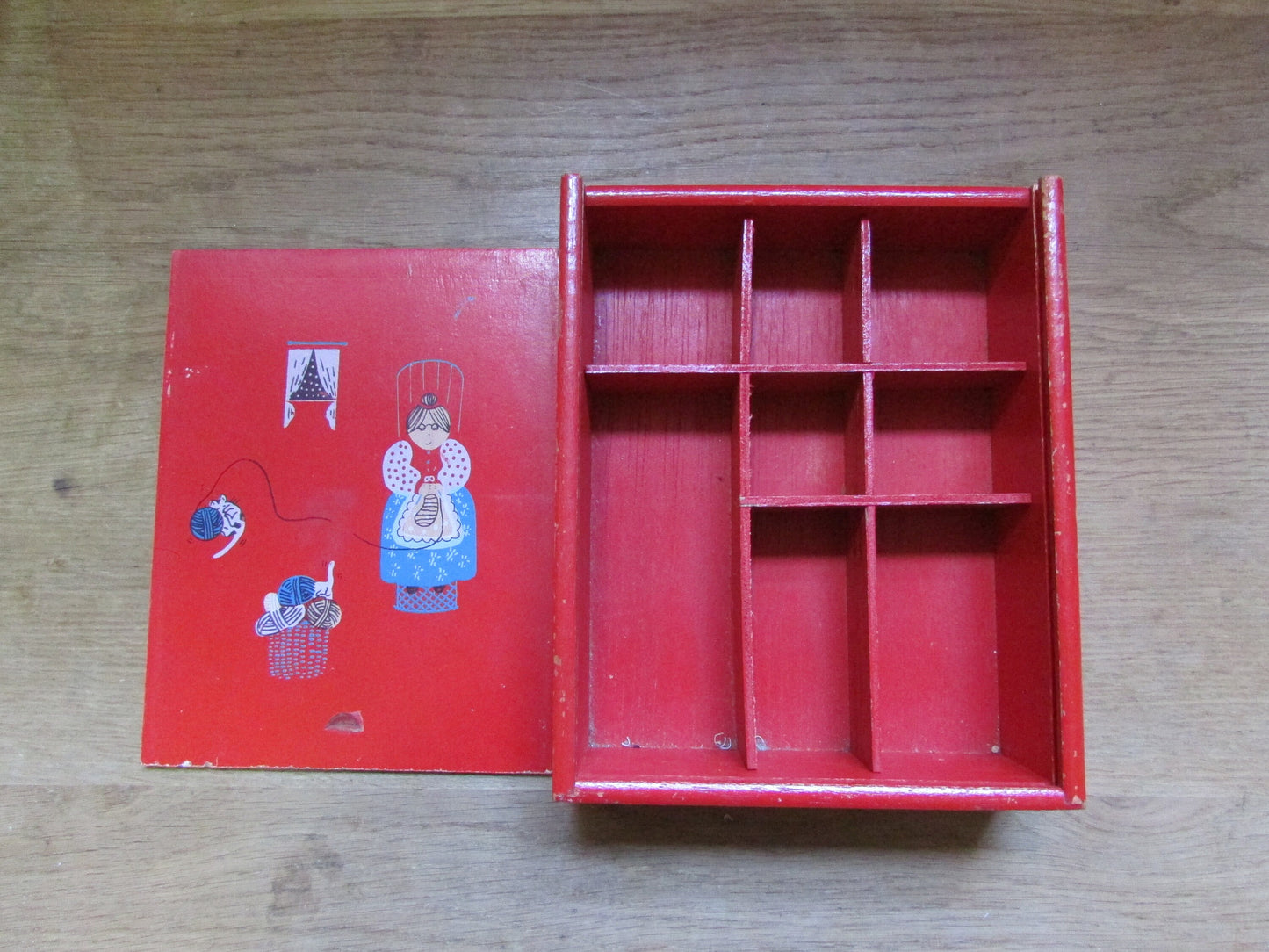 1970s whatnot/sewing slide lid red box with granny knitting transfers