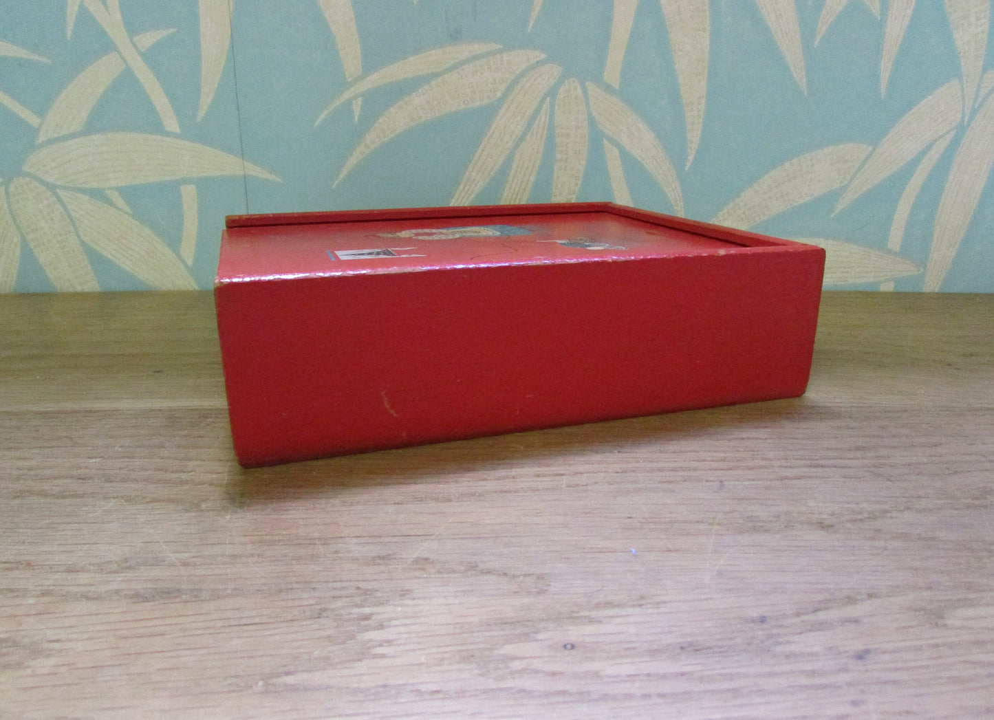 1970s whatnot/sewing slide lid red box with granny knitting transfers