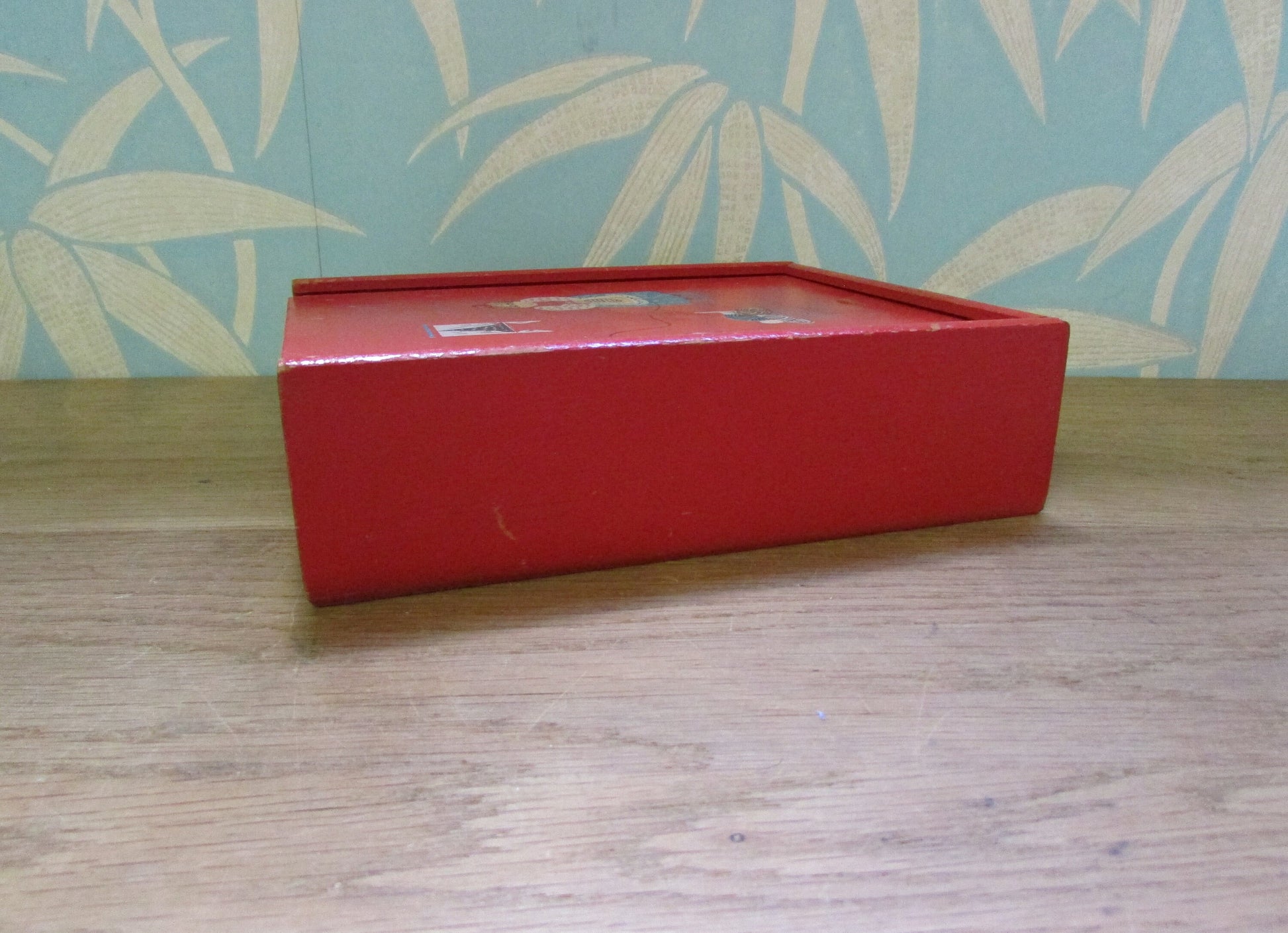 1970s whatnot/sewing slide lid red box with granny knitting transfers