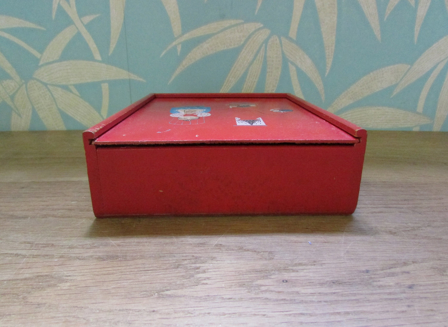 1970s whatnot/sewing slide lid red box with granny knitting transfers