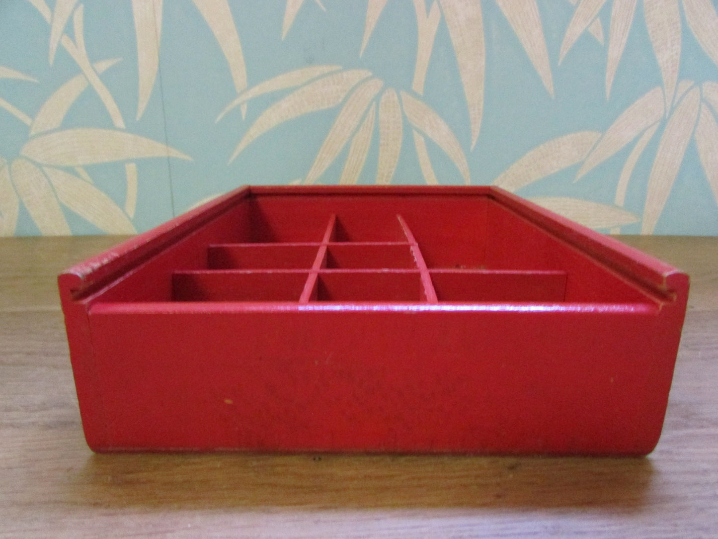 1970s whatnot/sewing slide lid red box with granny knitting transfers