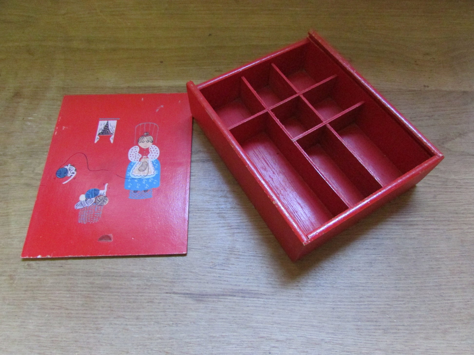 1970s whatnot/sewing slide lid red box with granny knitting transfers