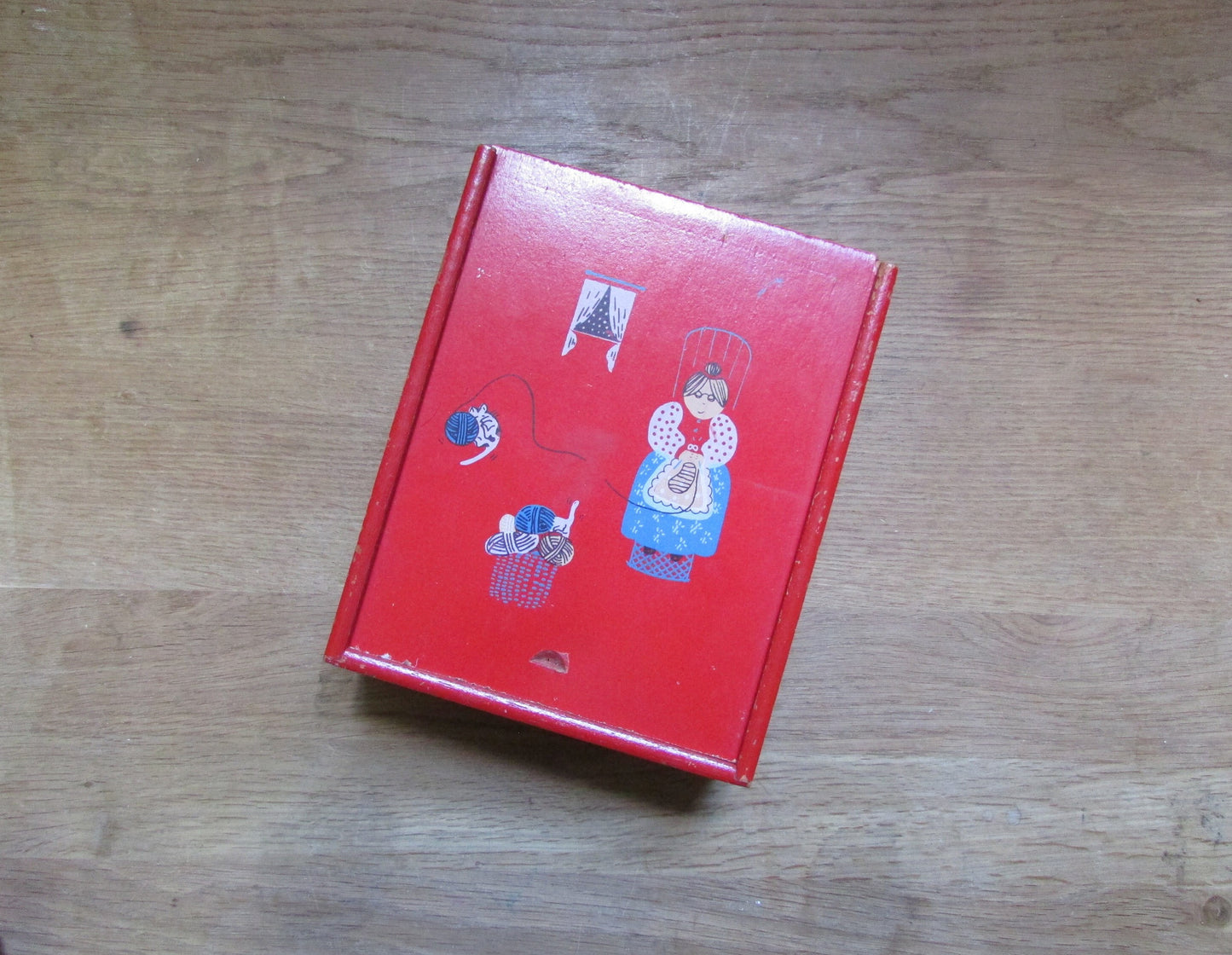 1970s whatnot/sewing slide lid red box with granny knitting transfers