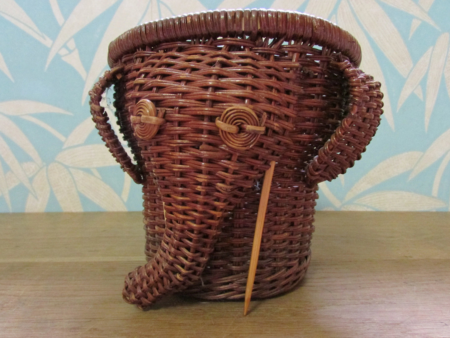 1970s wicker elephant with tusks planter/basket