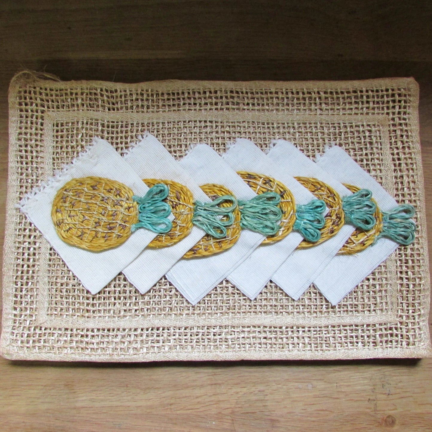 Vintage raffia placemat set with pineapple coasters & rough weave napkins