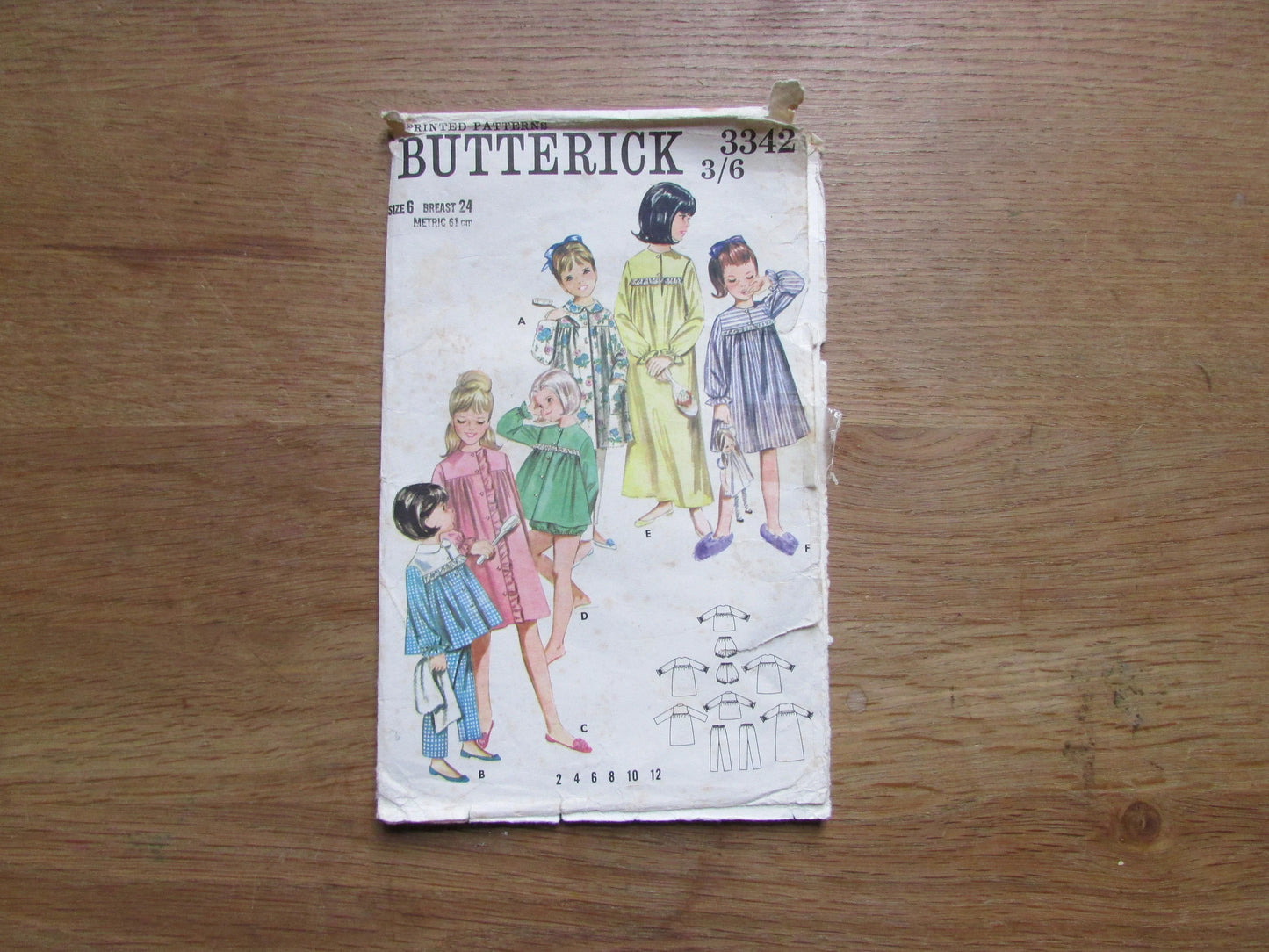 Part cut 1965 Butterick 3342 sewing pattern for sleepwear wardrobe, size 6 (complete)