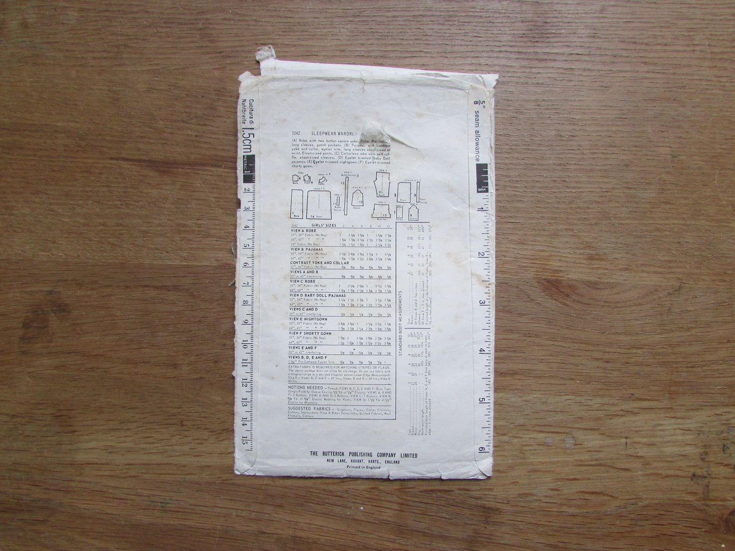 Part cut 1965 Butterick 3342 sewing pattern for sleepwear wardrobe, size 6 (complete)