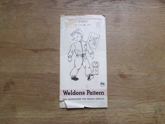 Uncut 1930s/40s Weldons Pattern 139681 sewing pattern for all-in-one suit, age 1 & 2 years (complete)