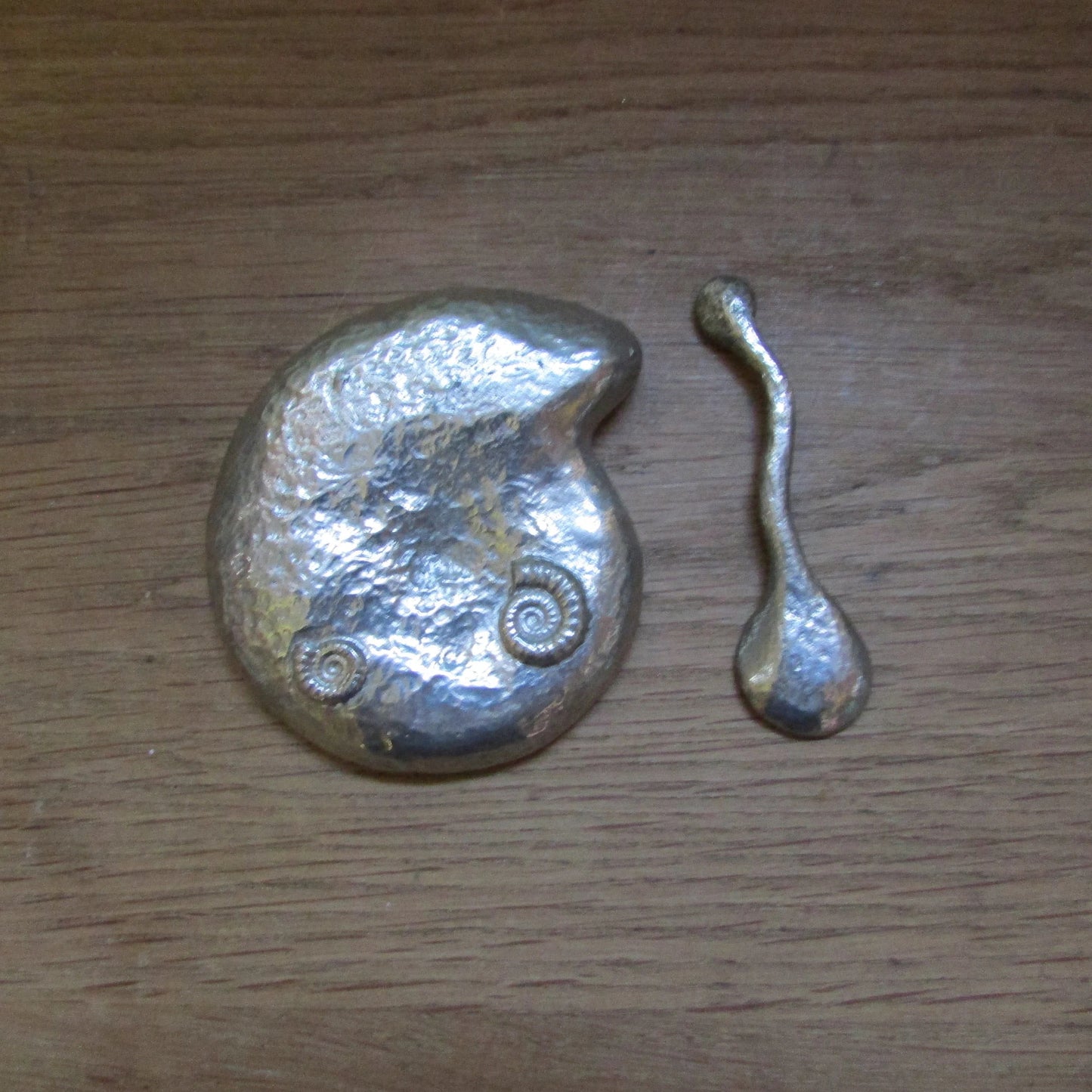 Retro pewter ammonite bowl/salt dish & fossil spoon