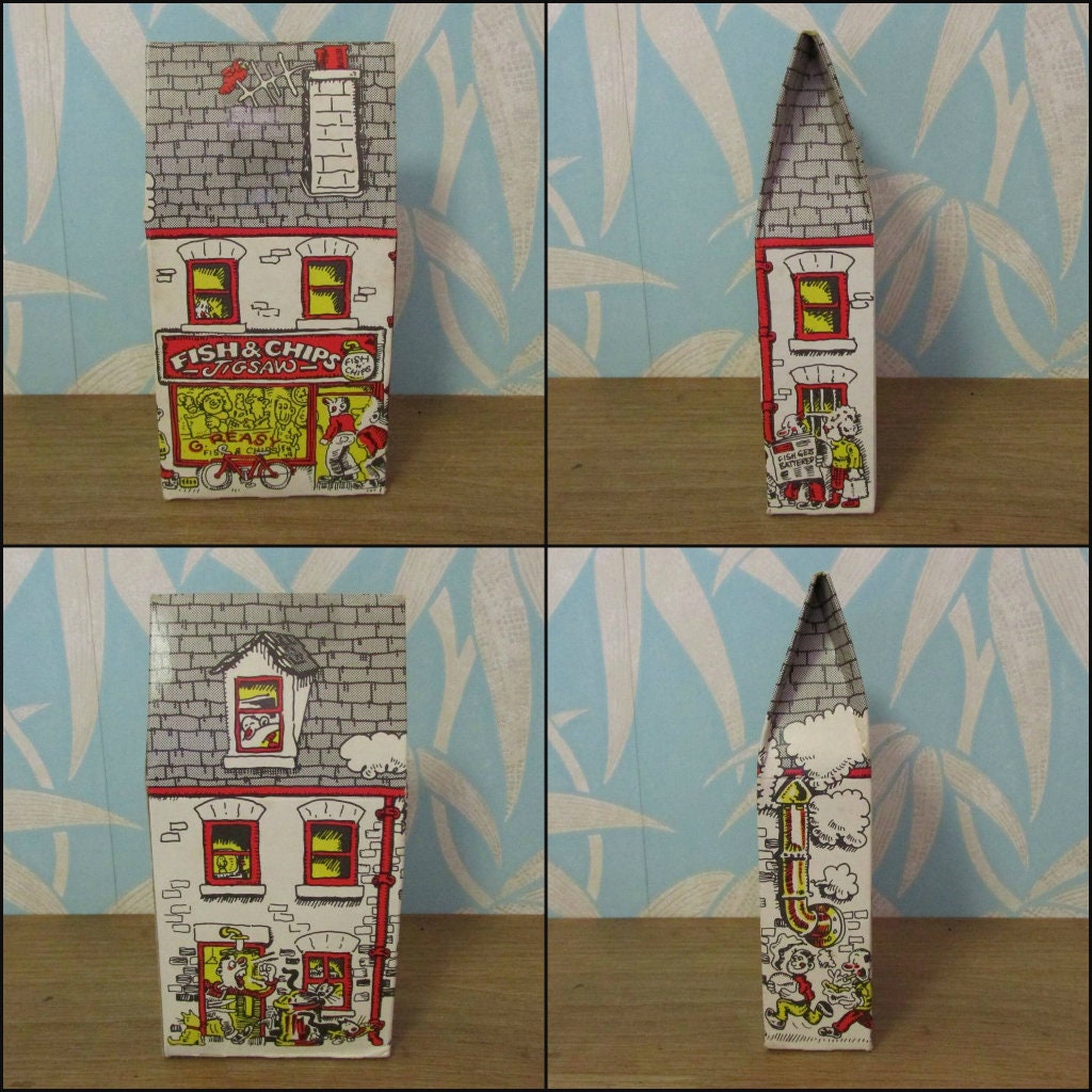 Rare 1980s Fine Art Developments Ltd mini cartoon jigsaw puzzles: Fish & Chips, and Chinese Takeaway