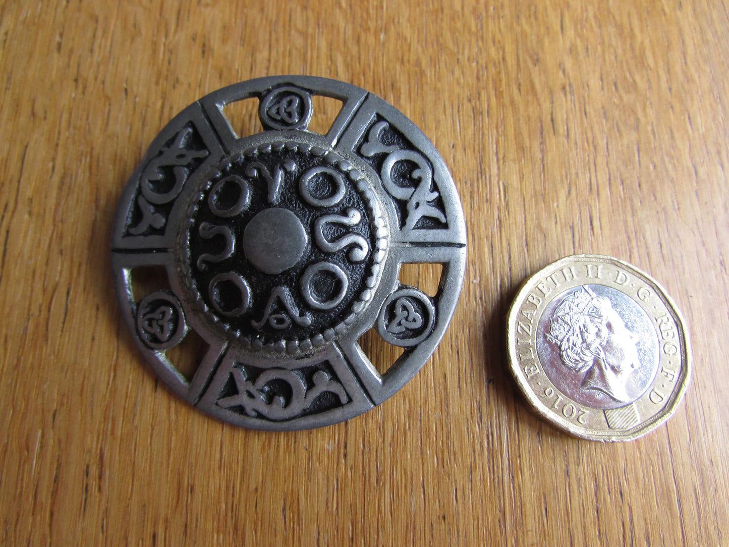 Vintage SJC Celtic shield pewter brooch