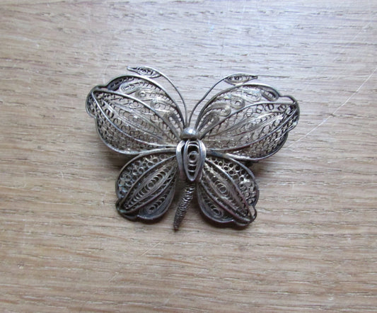 Early 19th-century sterling silver filigree/lace butterfly brooch, stamped