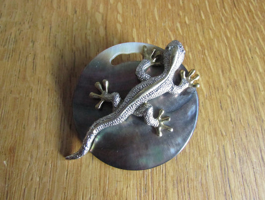 Home-made brooch using vintage silver & gold-tone gecko, and abalone round