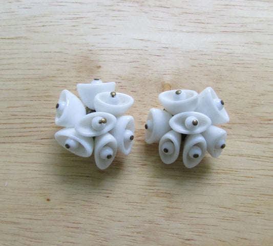 1950s/60s white milk glass conical beaded clip-on earrings.