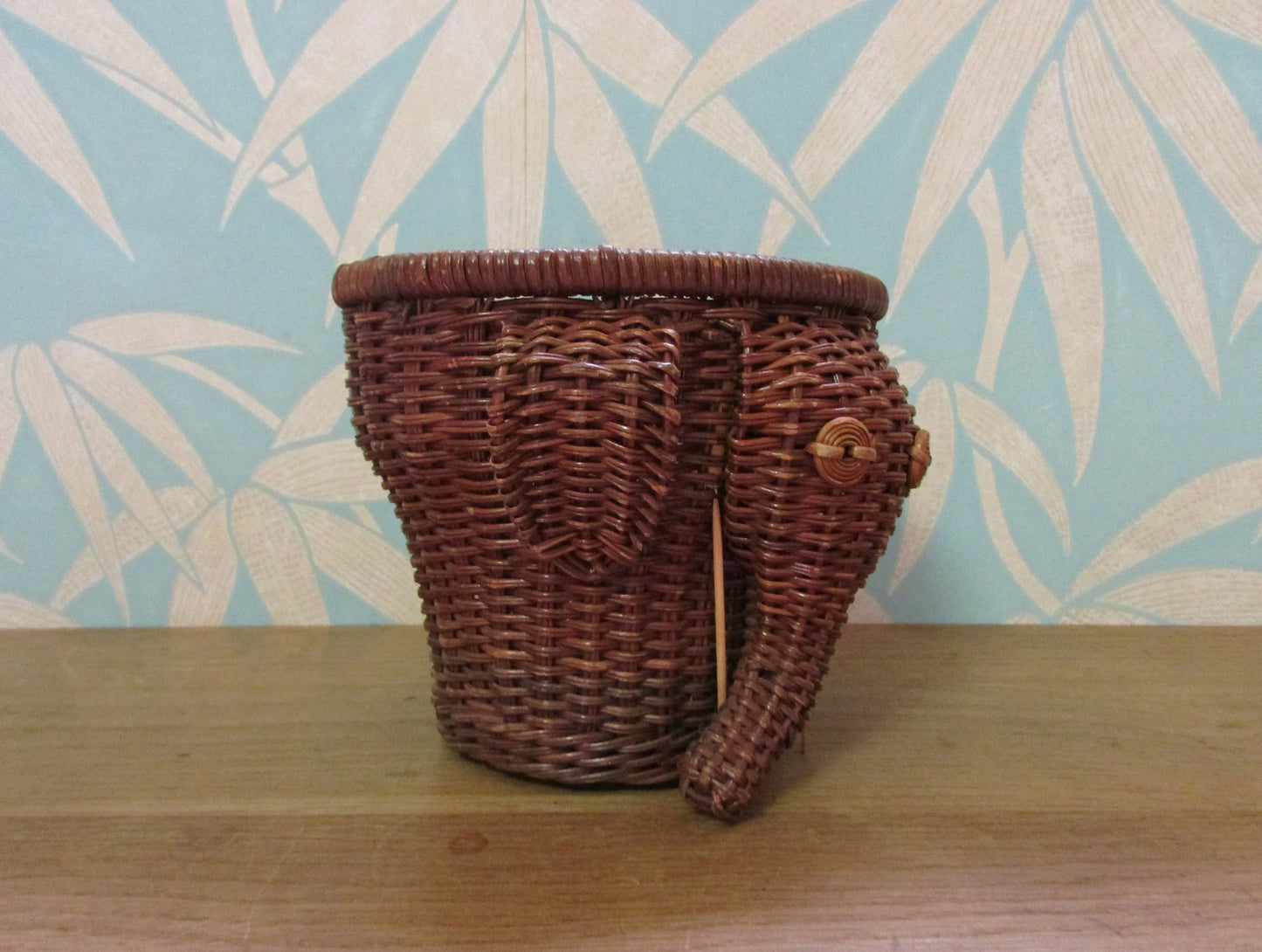 1970s wicker elephant with tusks planter/basket