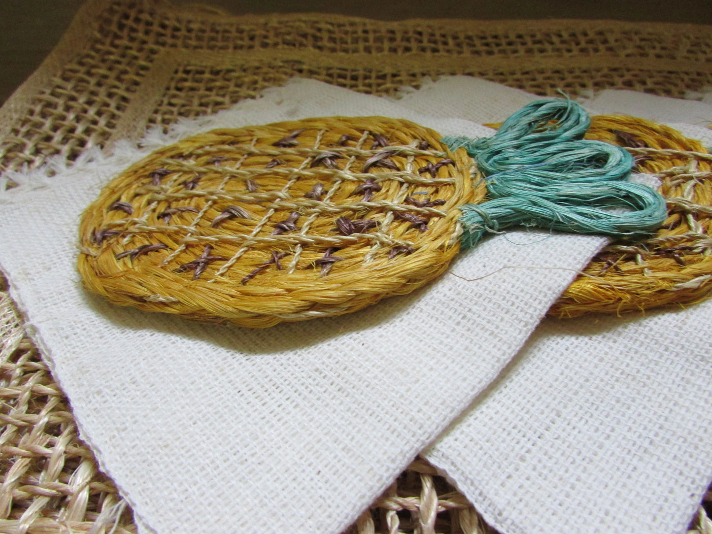 Vintage raffia placemat set with pineapple coasters & rough weave napkins