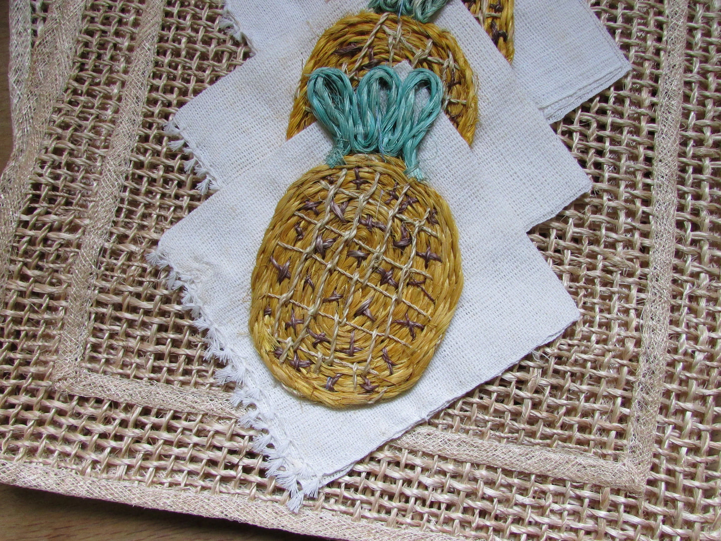 Vintage raffia placemat set with pineapple coasters & rough weave napkins