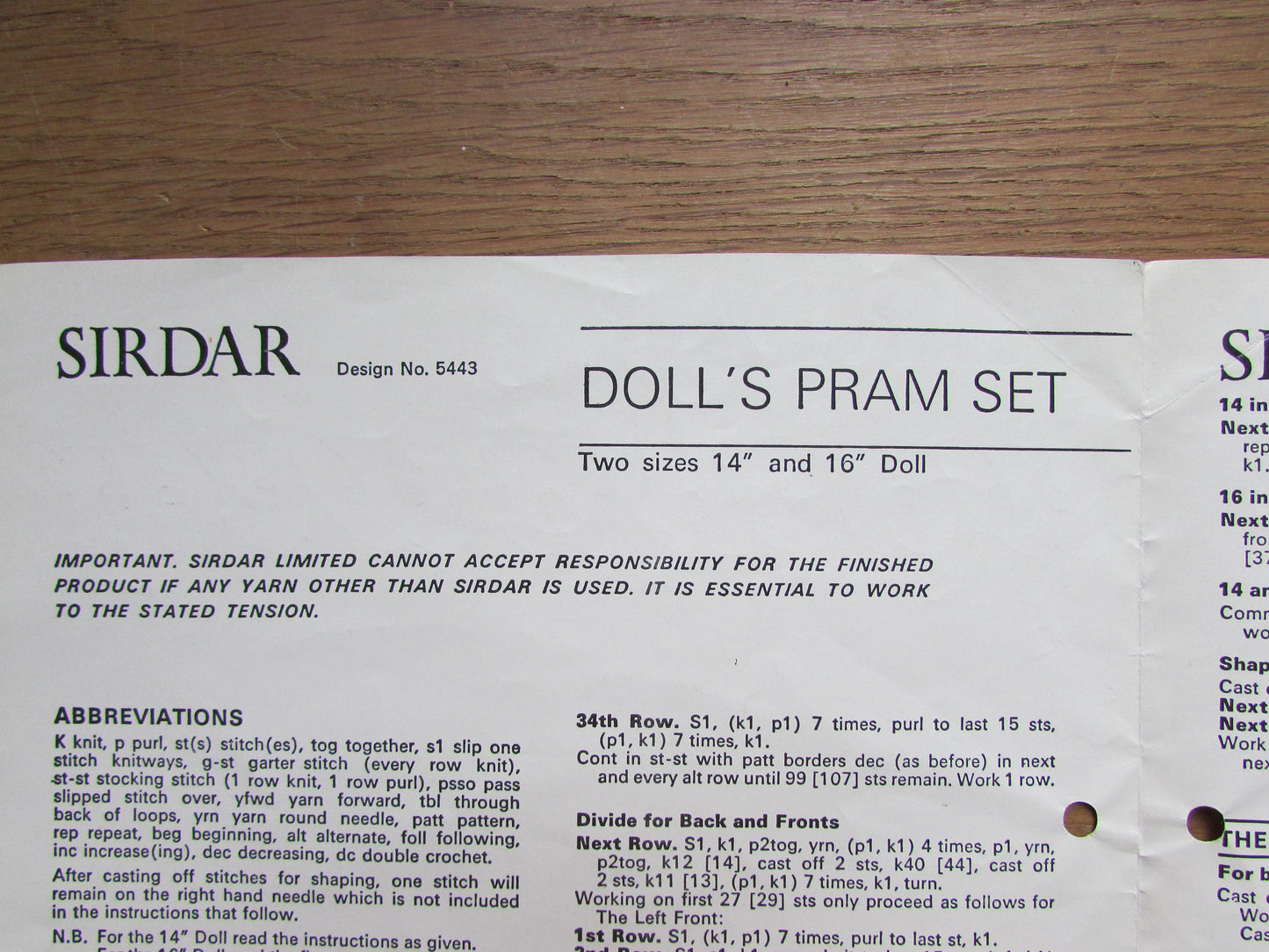 1970s Sirdar 5443 wash 'n' wear knitting pattern for doll's pram set, to fit 14"/16" dolls