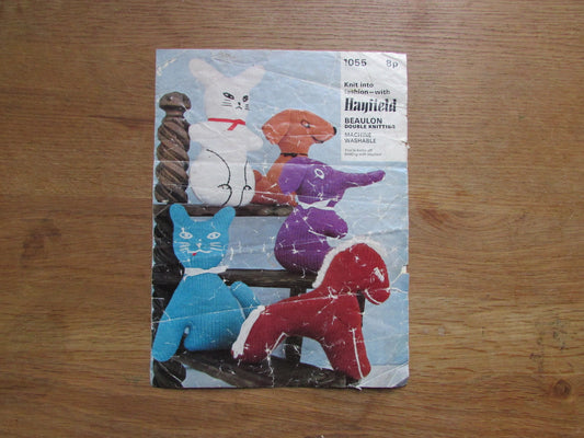 1960s Hayfield 1055 knitting pattern for soft toys - white rabbit, cat, horse, & elephant
