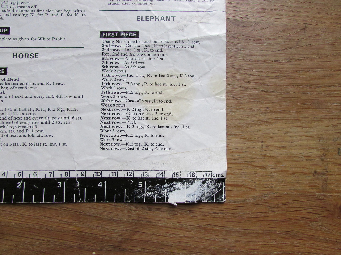 1960s Hayfield 1055 knitting pattern for soft toys - white rabbit, cat, horse, & elephant