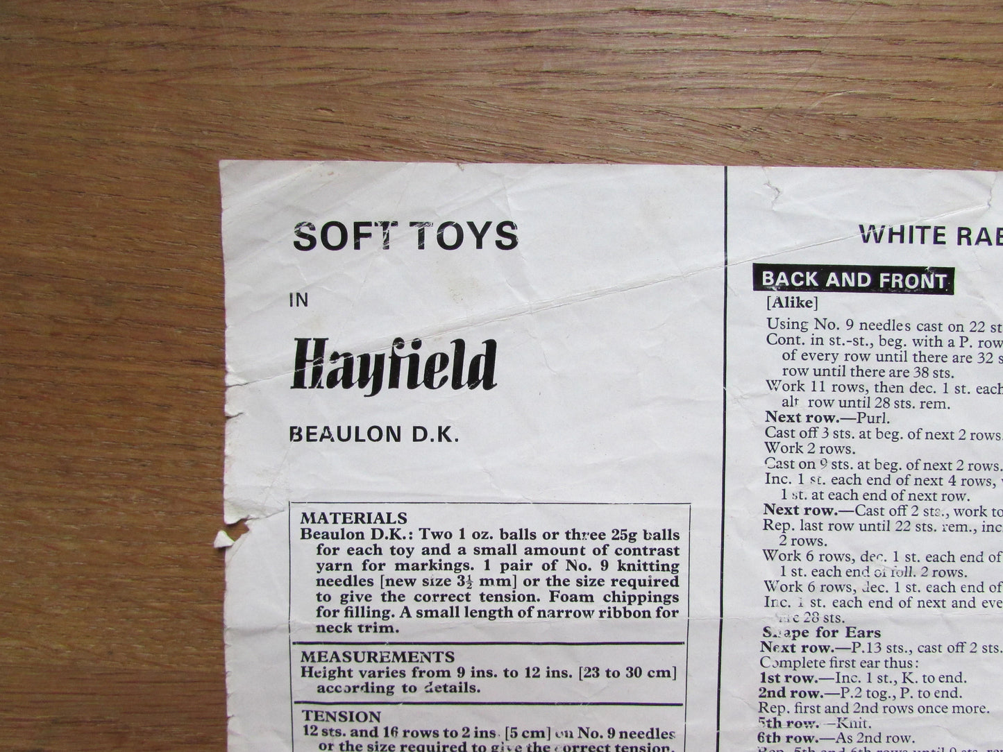 1960s Hayfield 1055 knitting pattern for soft toys - white rabbit, cat, horse, & elephant