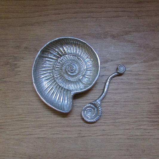 Retro pewter ammonite bowl/salt dish & fossil spoon