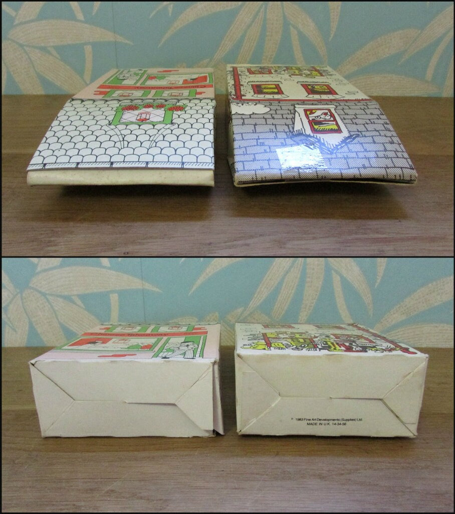 Rare 1980s Fine Art Developments Ltd mini cartoon jigsaw puzzles: Fish & Chips, and Chinese Takeaway