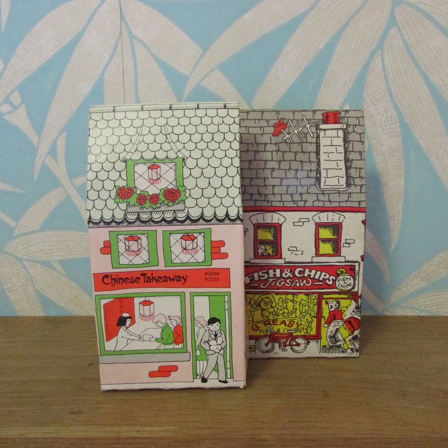 Rare 1980s Fine Art Developments Ltd mini cartoon jigsaw puzzles: Fish & Chips, and Chinese Takeaway