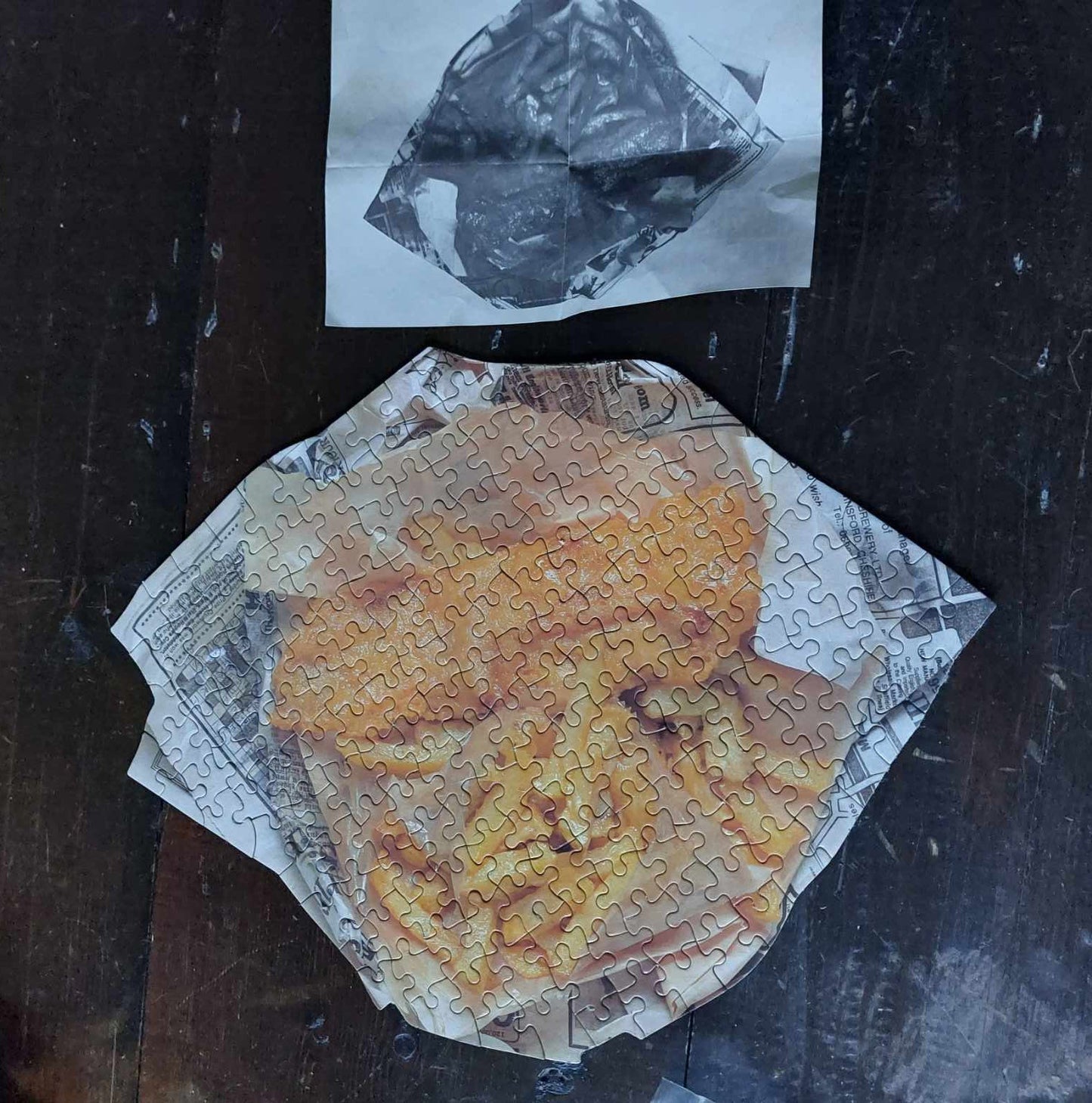 Rare 1980s Fine Art Developments Ltd mini cartoon jigsaw puzzles: Fish & Chips, and Chinese Takeaway