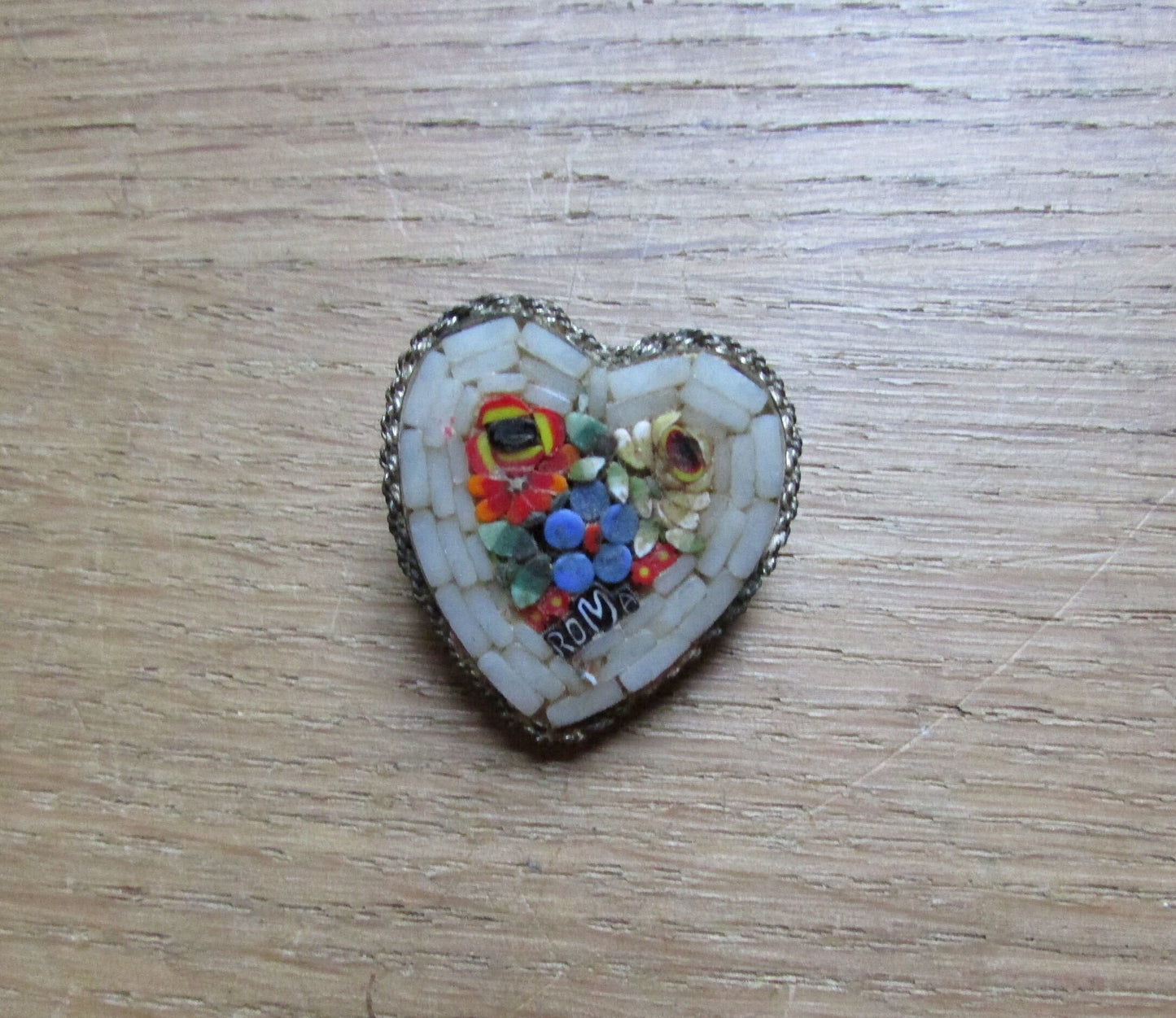 Vintage Italian micro mosaic heart shaped brooch, ROMA souvenir
