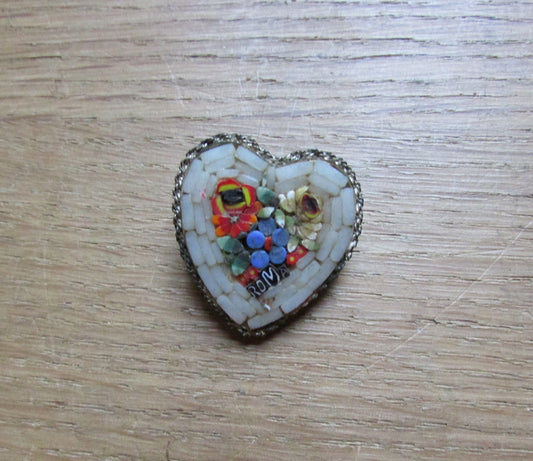 Vintage Italian micro mosaic heart shaped brooch, ROMA souvenir