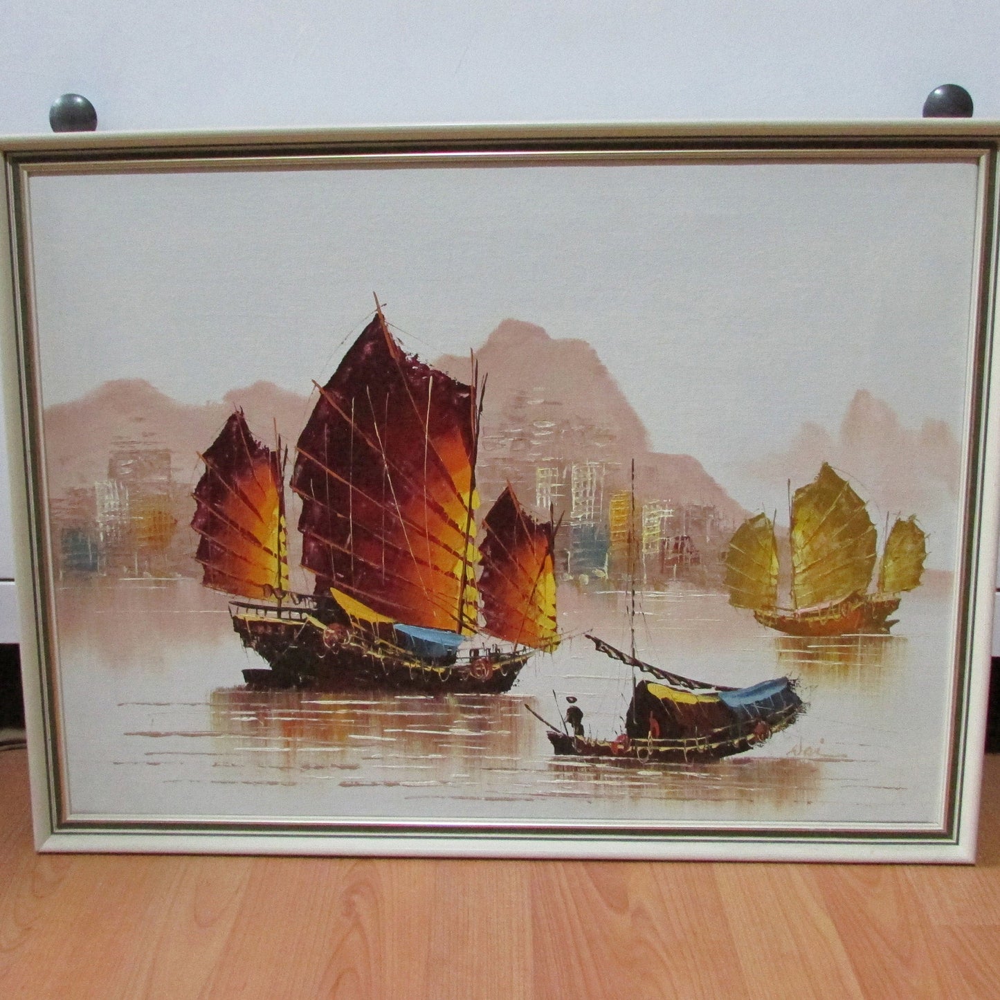 Mid-century framed oil painting of harbour with traditional junk boats, signed Wai