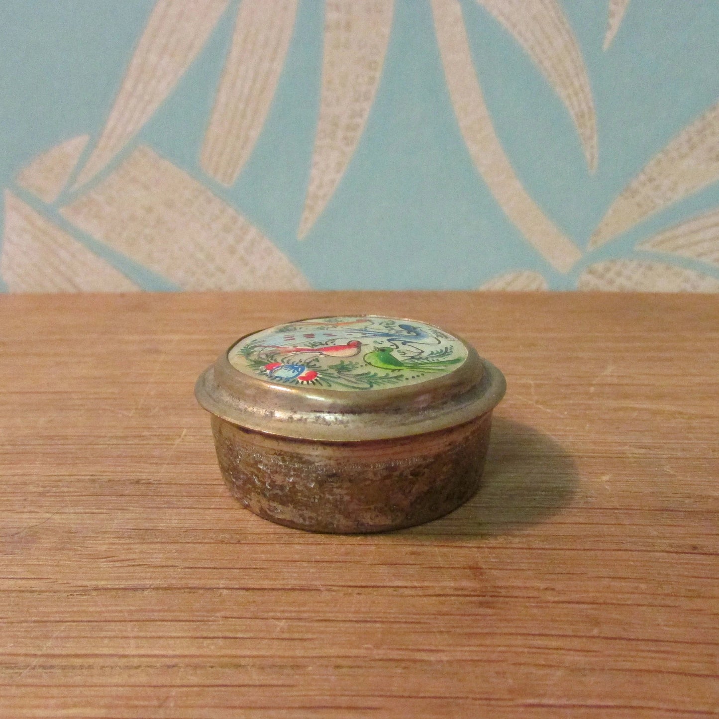 circa. 1940/50s Persian silver snuff box with hand-painted birds on mother of pearl detail, and internal mirror
