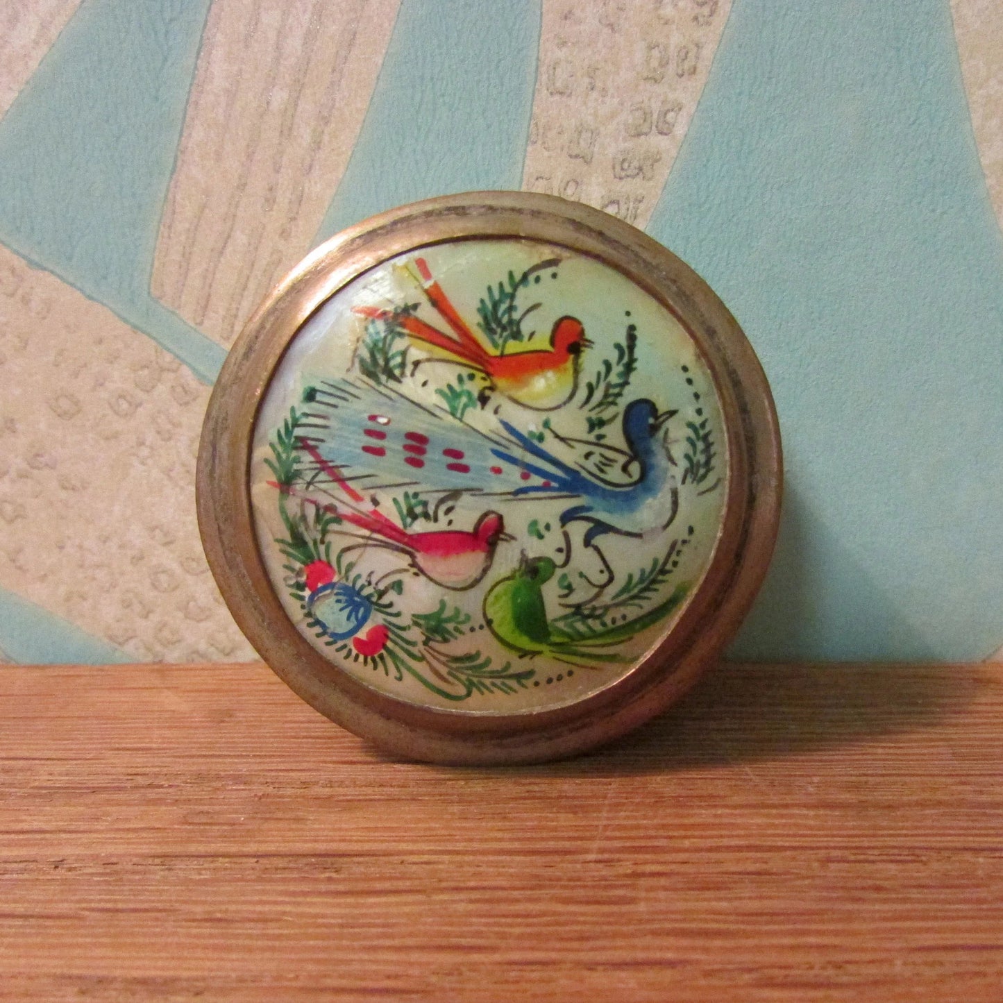 circa. 1940/50s Persian silver snuff box with hand-painted birds on mother of pearl detail, and internal mirror