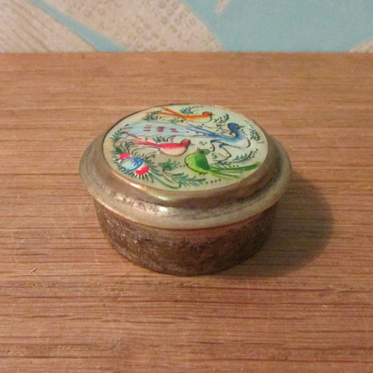 circa. 1940/50s Persian silver snuff box with hand-painted birds on mother of pearl detail, and internal mirror