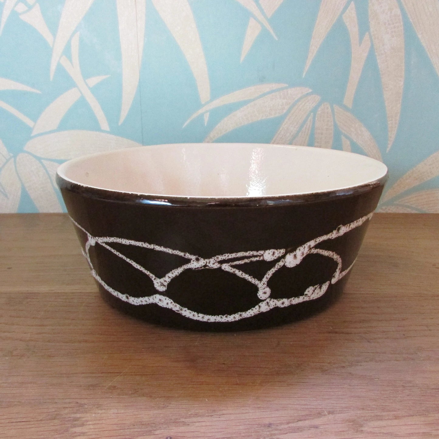 1970s large stoneware pate dish, black with white curved linear pattern