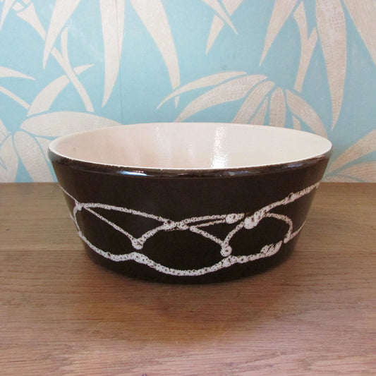 1970s large stoneware pate dish, black with white curved linear pattern