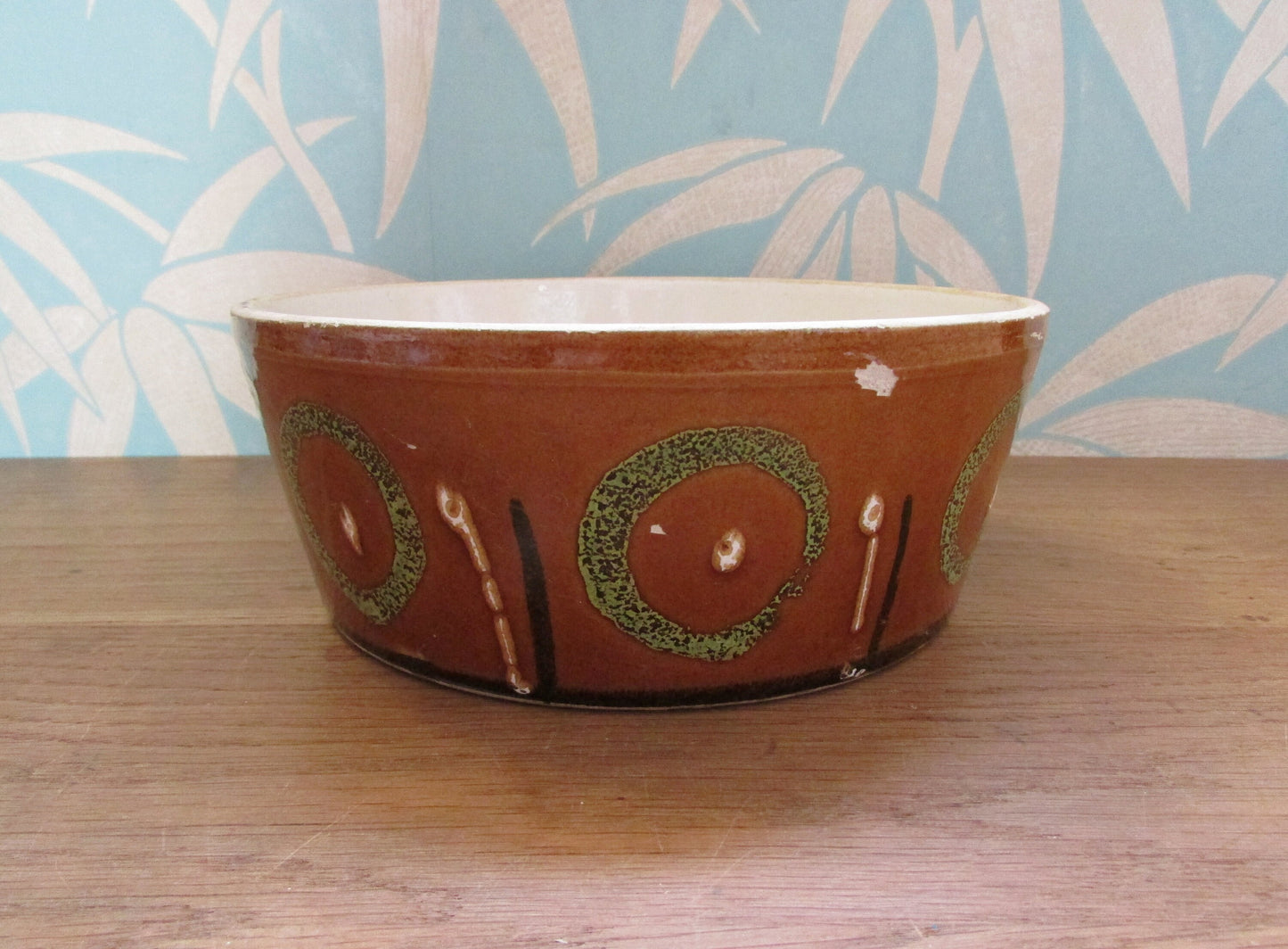 1970s large stoneware pate dish, brown with green circle design