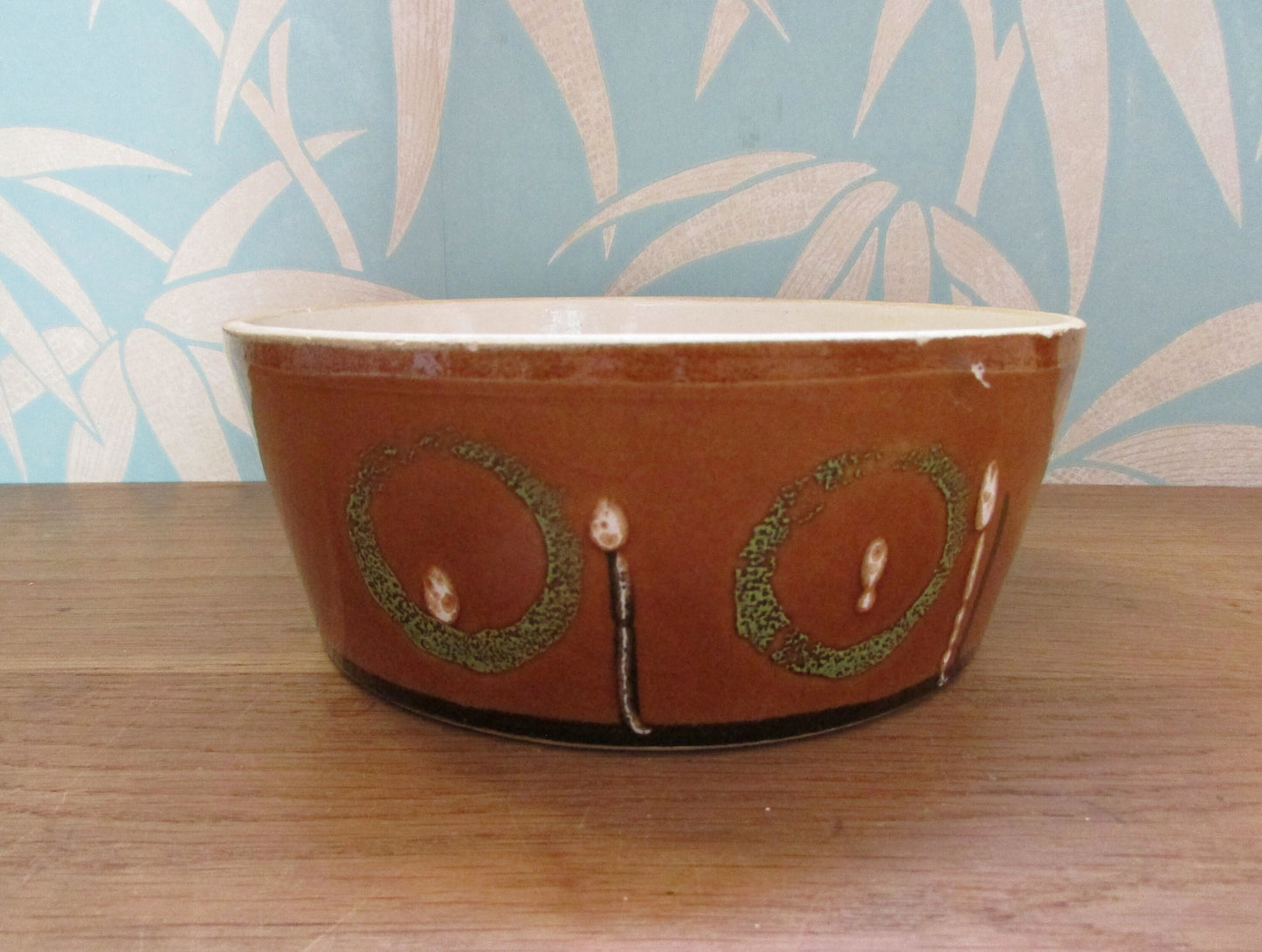 1970s large stoneware pate dish, brown with green circle design
