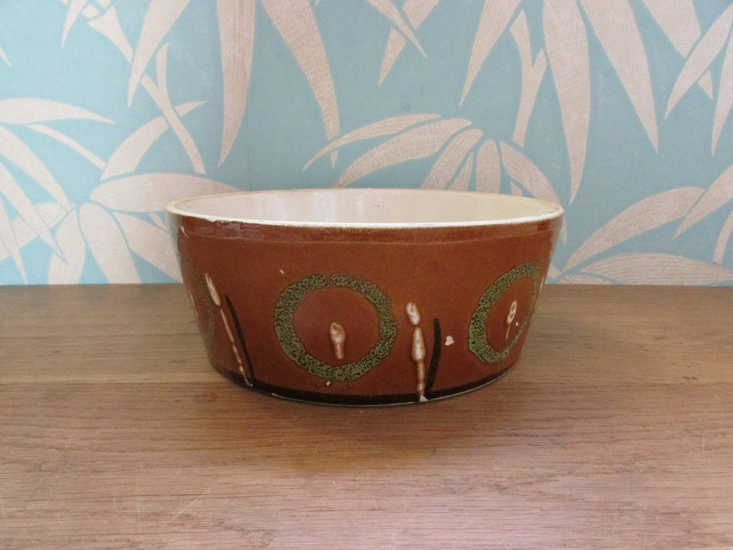 1970s large stoneware pate dish, brown with green circle design
