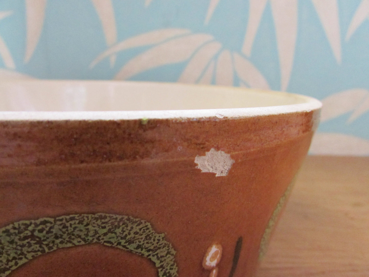 1970s large stoneware pate dish, brown with green circle design