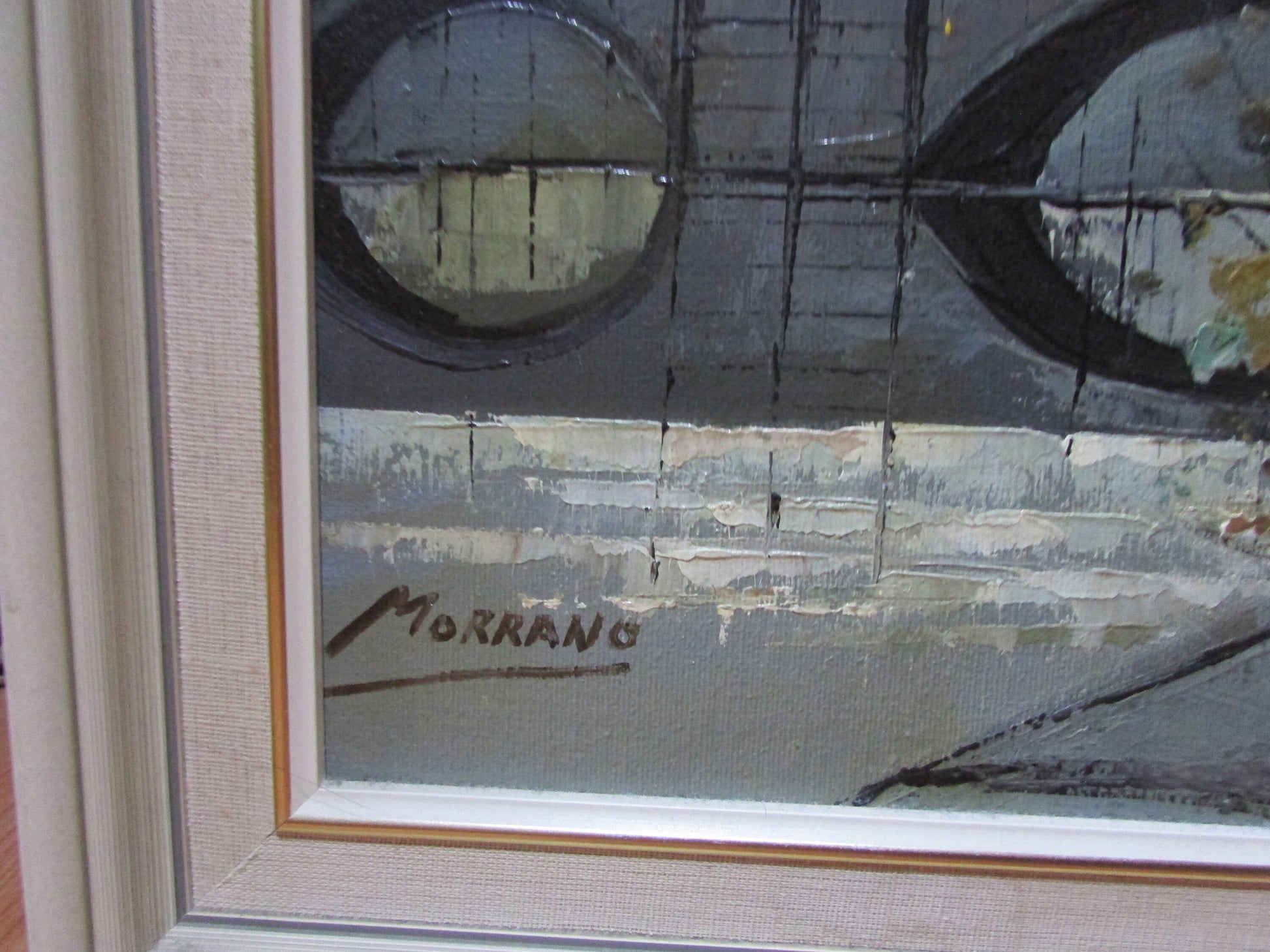 Mid-century brutalist oil painting of European river scene, signed Morrano