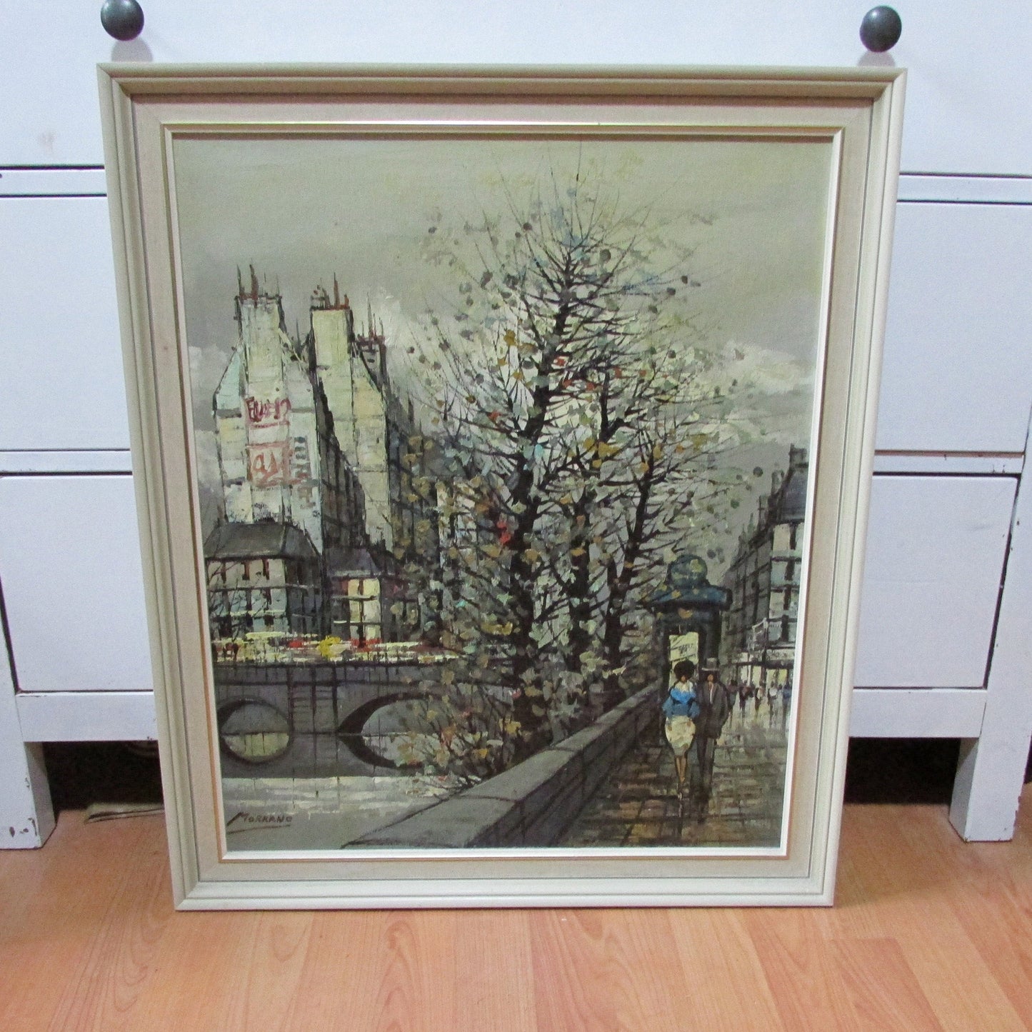 Mid-century brutalist oil painting of European river scene, signed Morrano