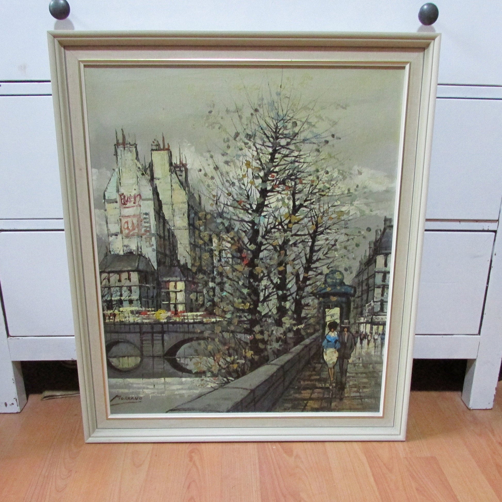 Mid-century brutalist oil painting of European river scene, signed Morrano
