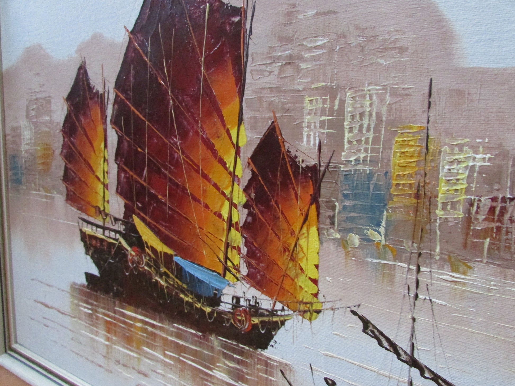 Mid-century framed oil painting of harbour with traditional junk boats, signed Wai