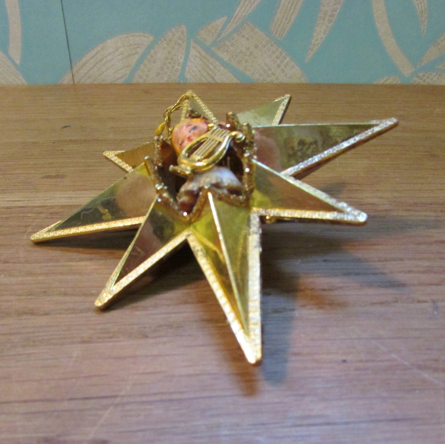 1960s/70s Jewelbrite (?) plastic gold Christmas star tree ornament with angel and harp