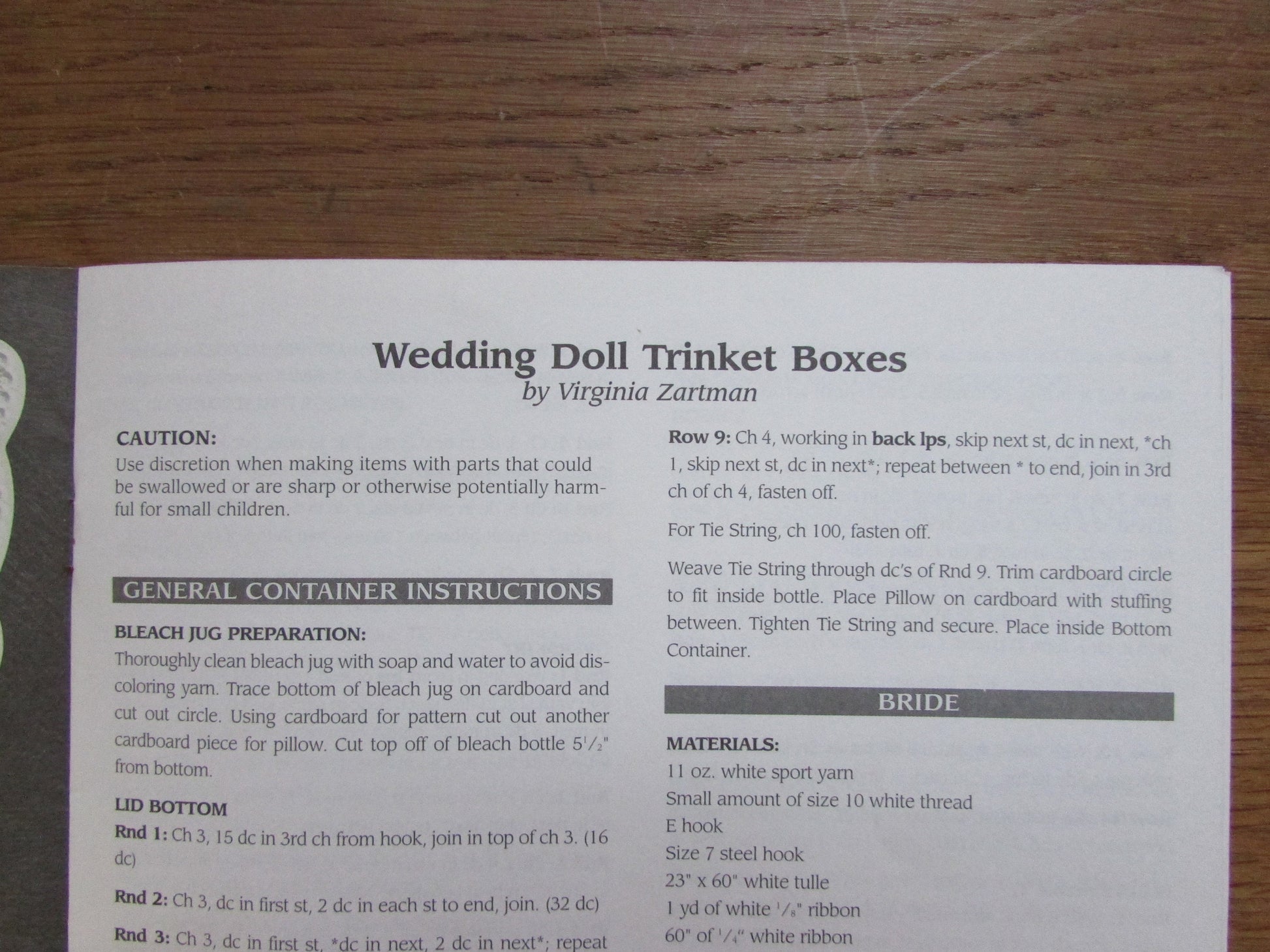 1997 crochet pattern for wedding doll trinket boxes, designed by Virginia Zartman