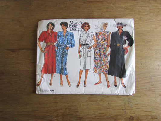 Part cut 1986 Vogue 1674 sewing pattern for misses' dresses, sizes 14 to 18 (part cut to size 18, complete)