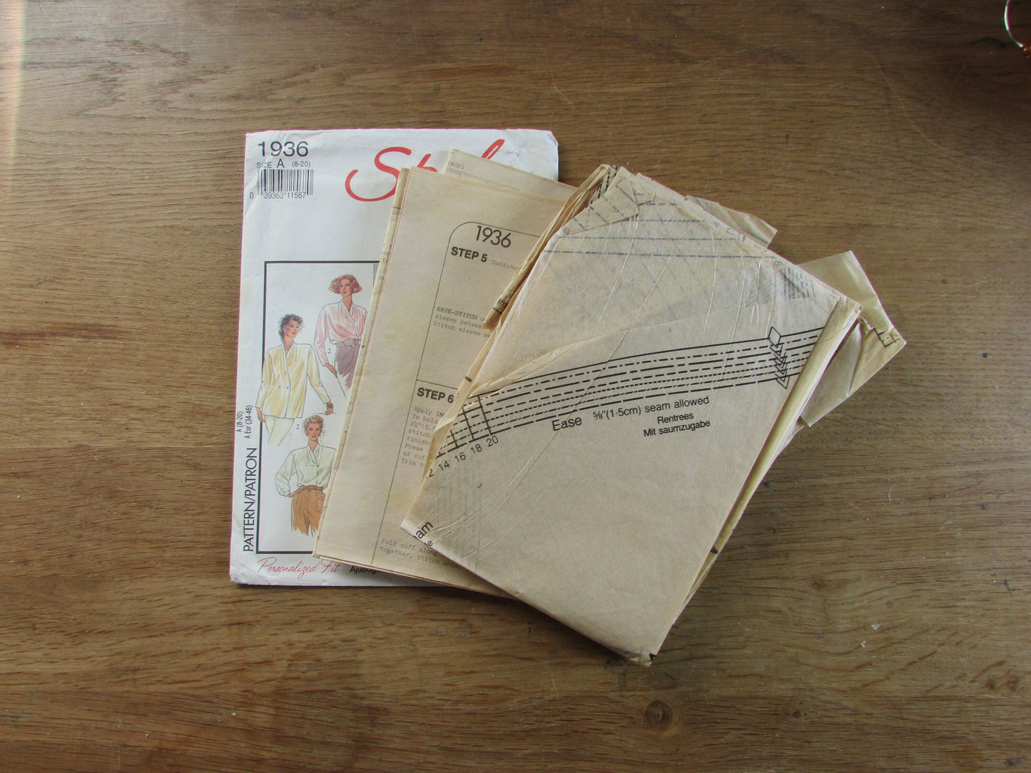 Part cut 1991 Style 1936 sewing pattern for misses' blouse, sizes 8 to 20 (part cut to size 20, complete)